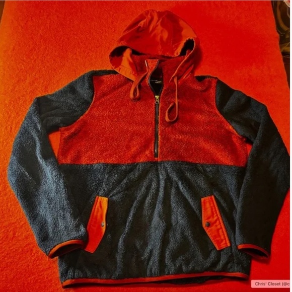 Marmot blue and burnt orange high-pile sherpa fleece half zip hood jacket EUC - Picture 3 of 12